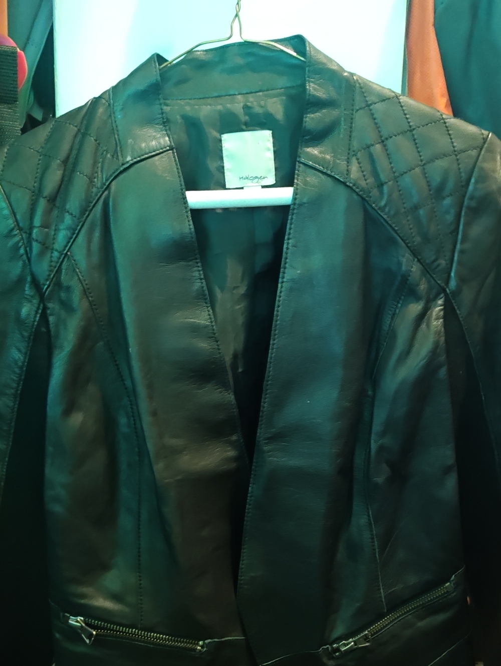 Halogen Black Quilted-Shoulder Leather Jacket